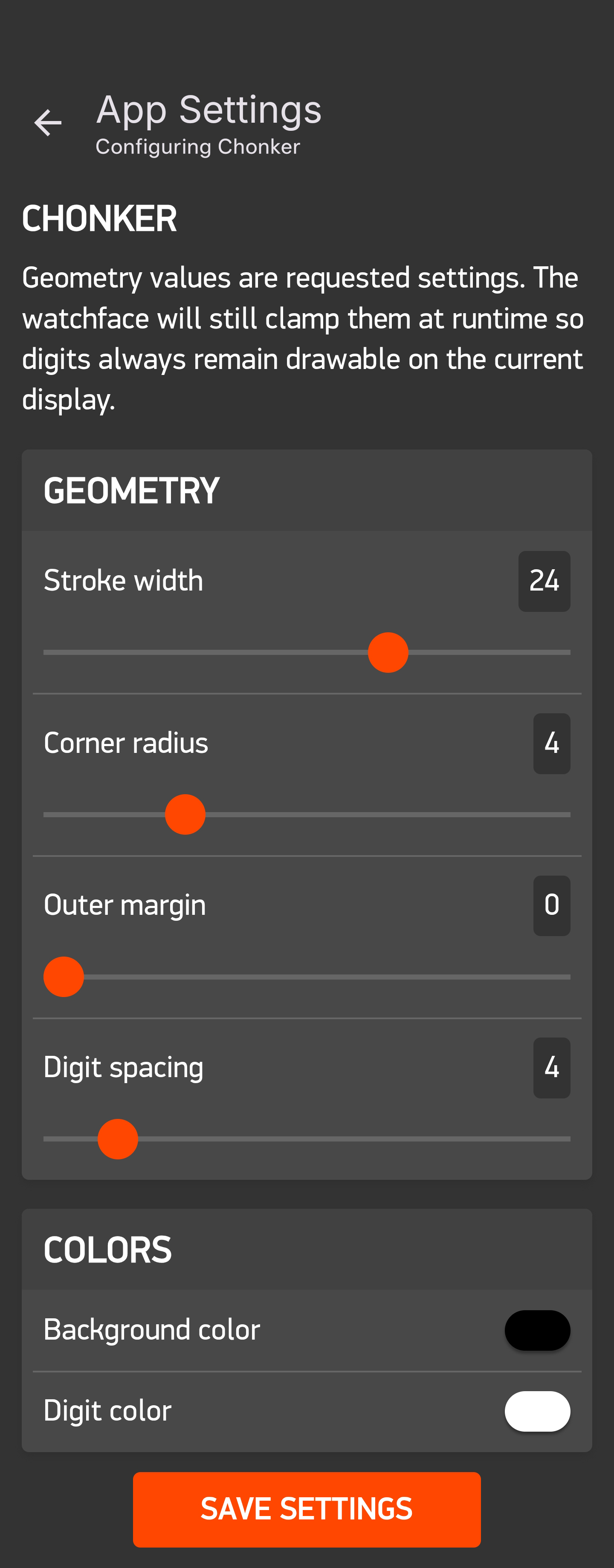 Chonker watch face configuration screenshot